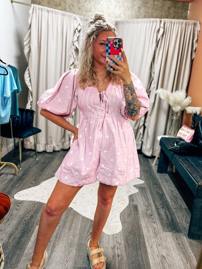bublegum pink polka dot denim romper