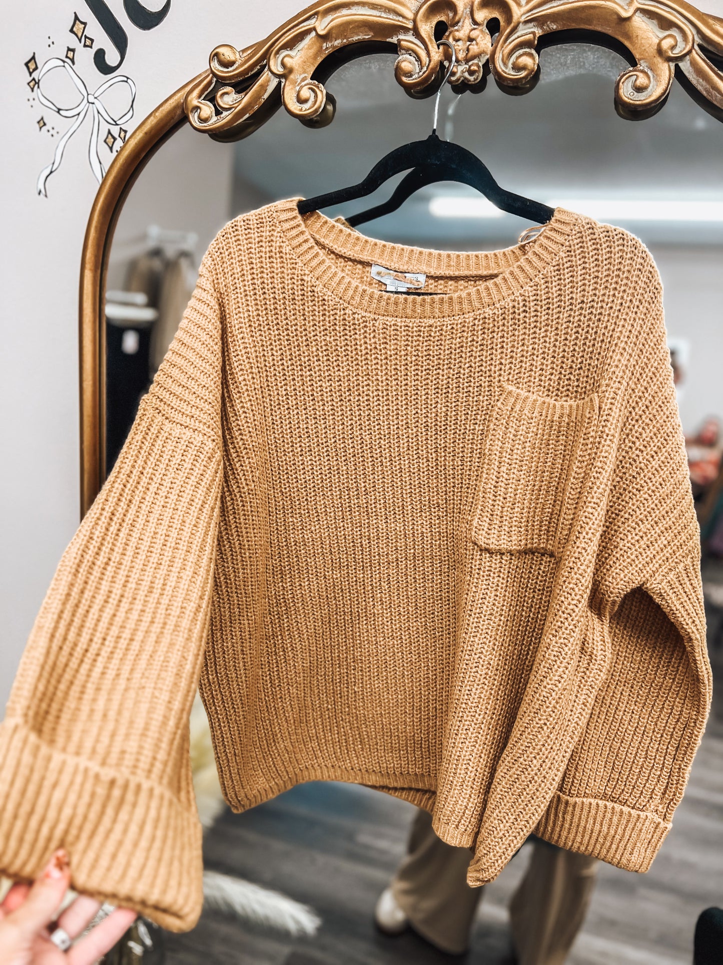 camel oversized bell cuff sleeved sweater