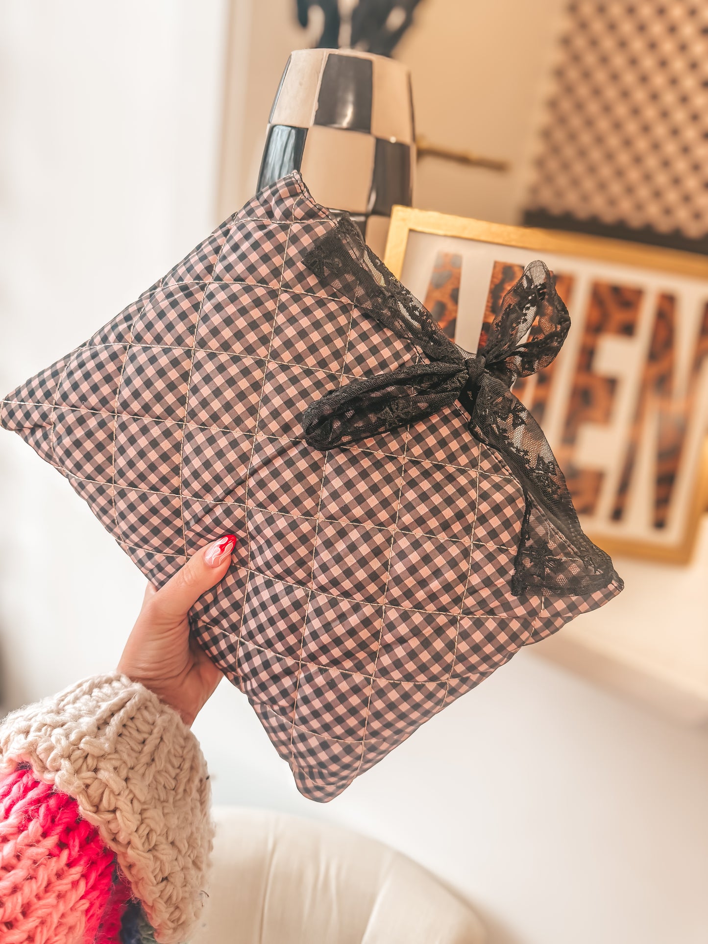 brown and black gingham bible sleeves with bow lace ties