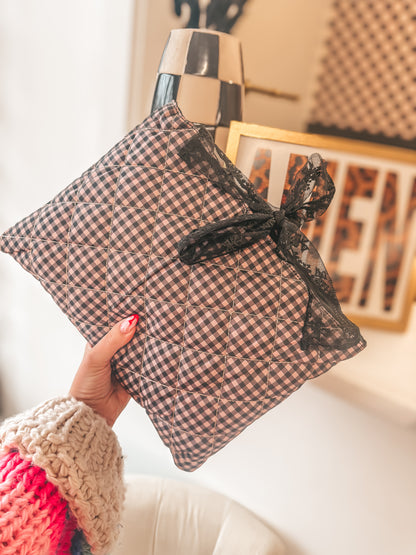 brown and black gingham bible sleeves with bow lace ties