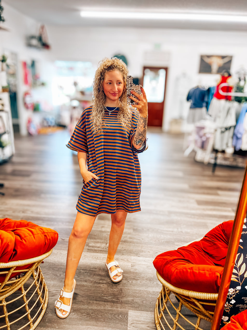 brick and navy striped oversized tshirt dress with pockets