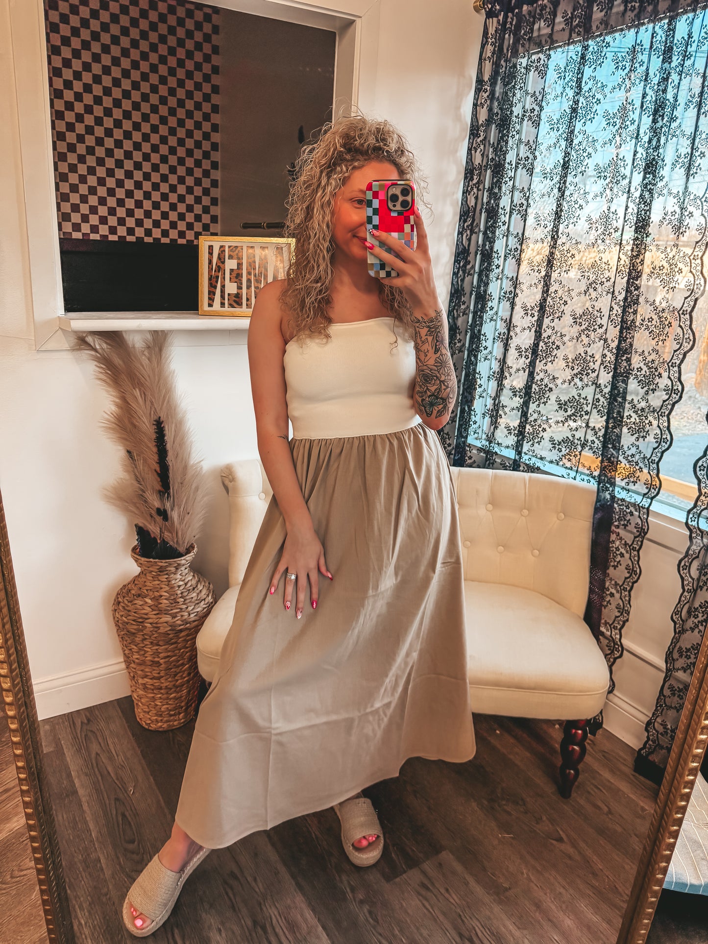 strapless ivory and khaki midi dress