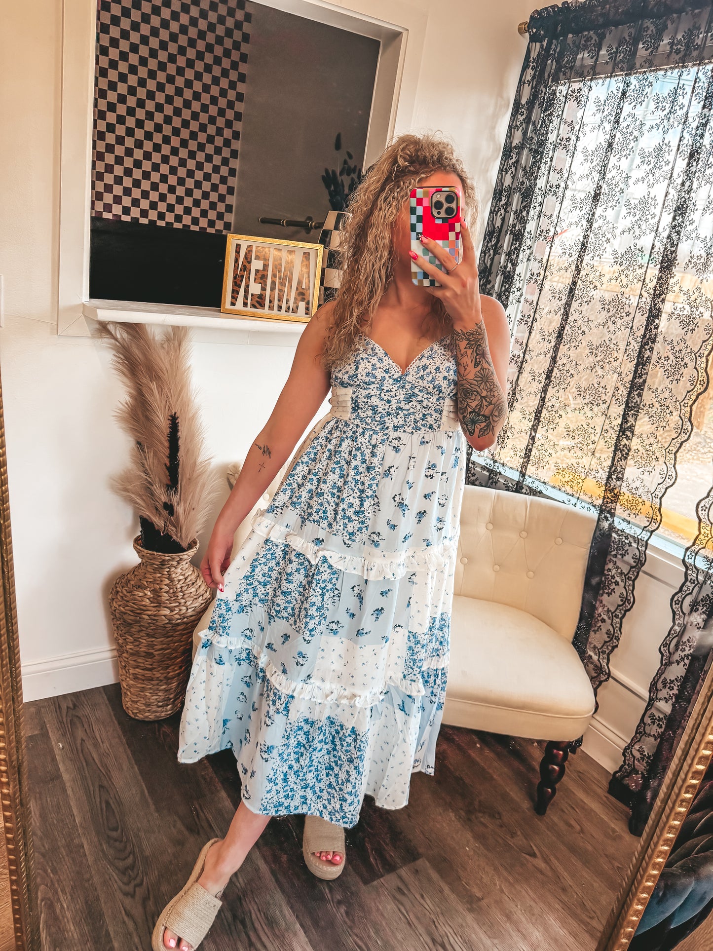 blue floral patchwork dress