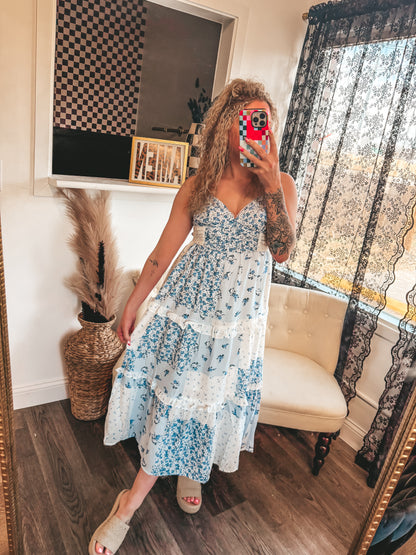 blue floral patchwork dress
