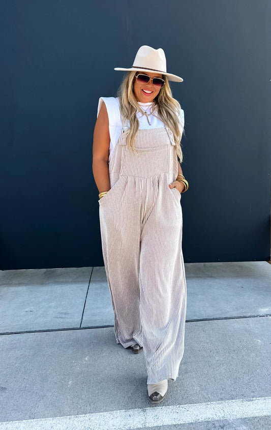 mocha ribbed boho overalls