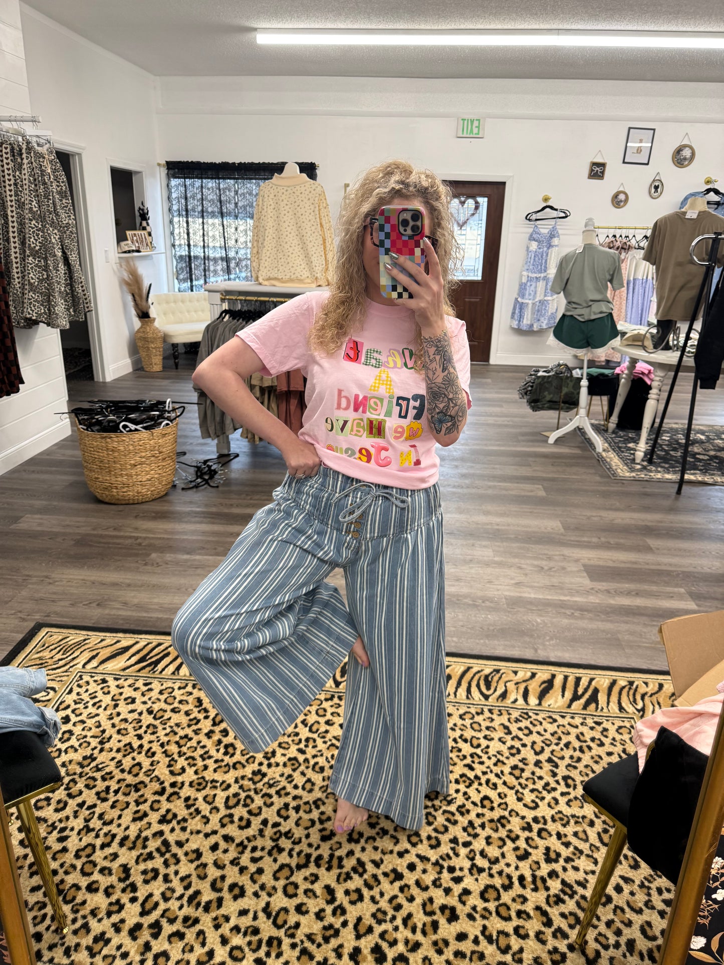 stripe denim washed pleated wide leg pants