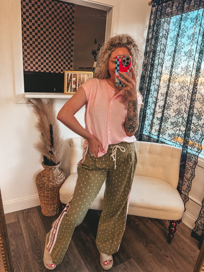 olive and pink polka dot denim pants-PREORDER
