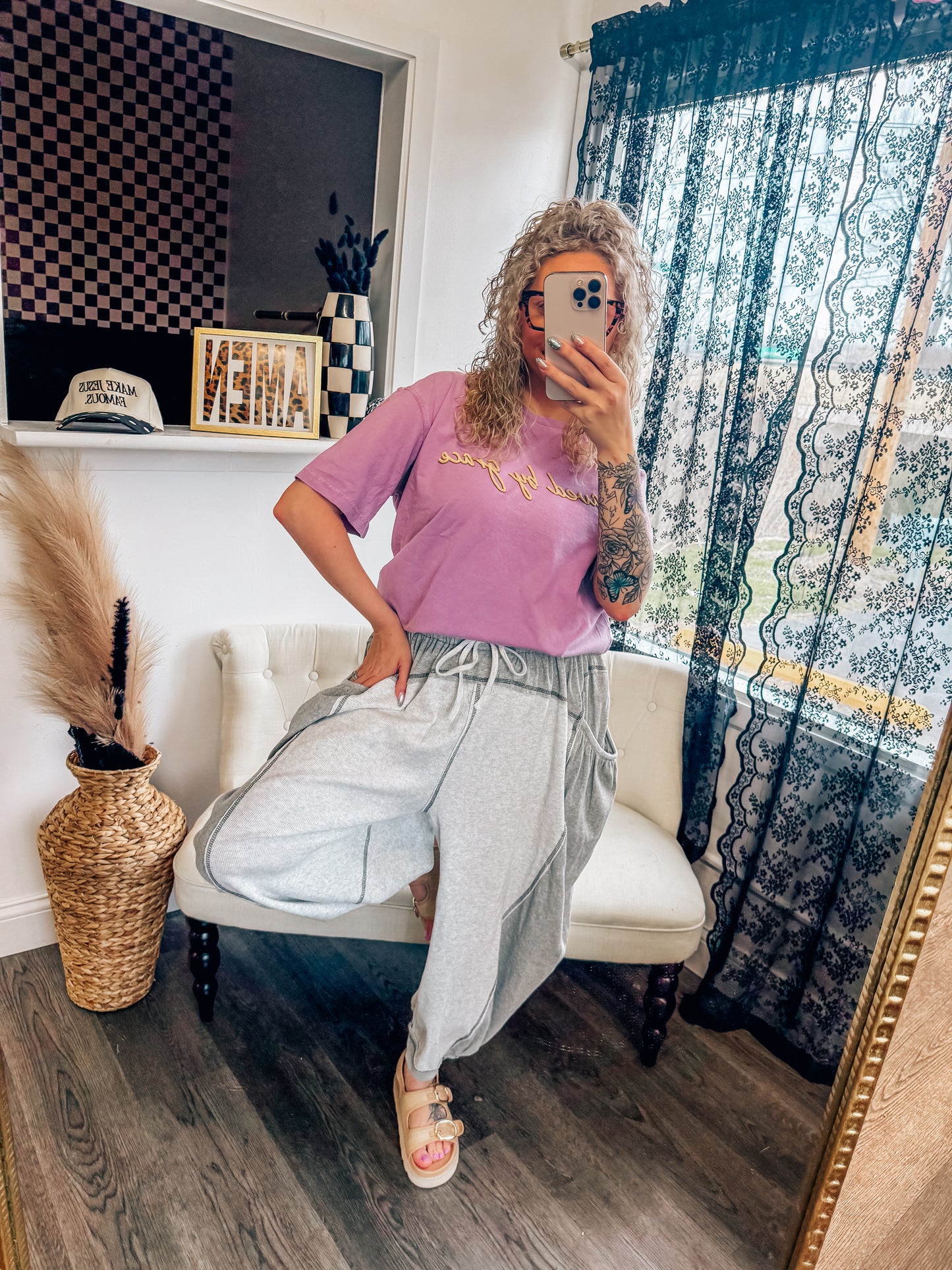 POL grey stitched boho jogger ribbed pants