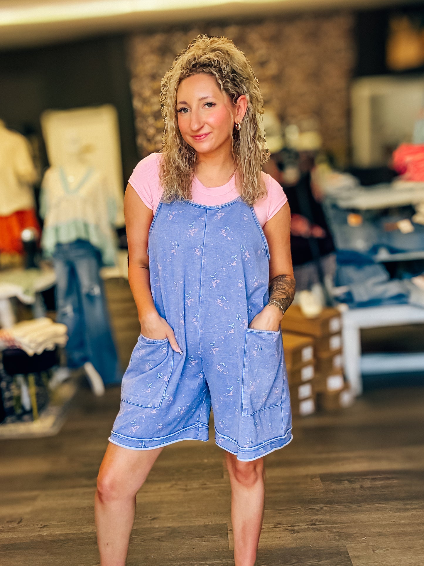 blue floral hotshot romper