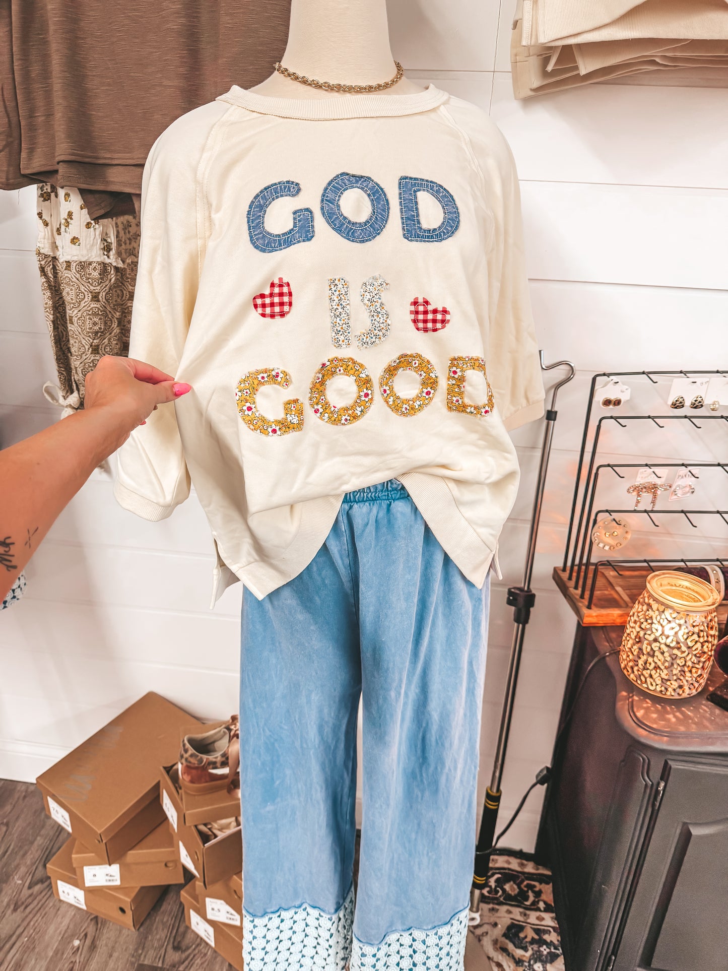 God is good floral appliqué top