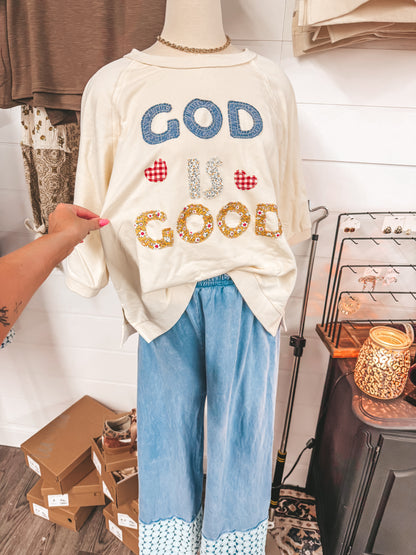 God is good floral appliqué top