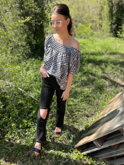 daisy plaid embroidered top