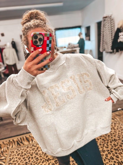 embroidered Camo jesus ash grey mock neck