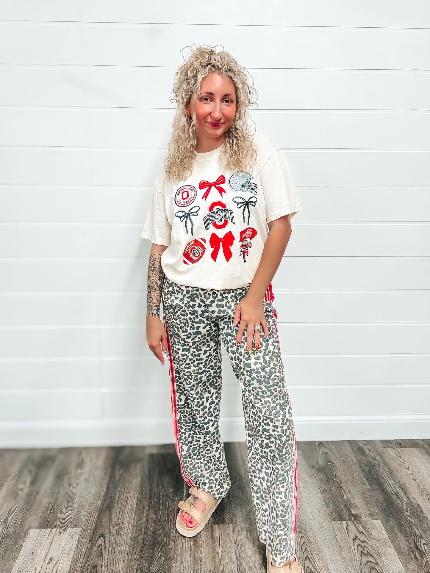 Leopard denim pants with red stripe PREORDER ships September