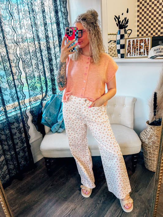 peach floral denim pants with elastic back waist