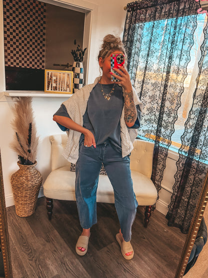 navy stretch barrel jeans