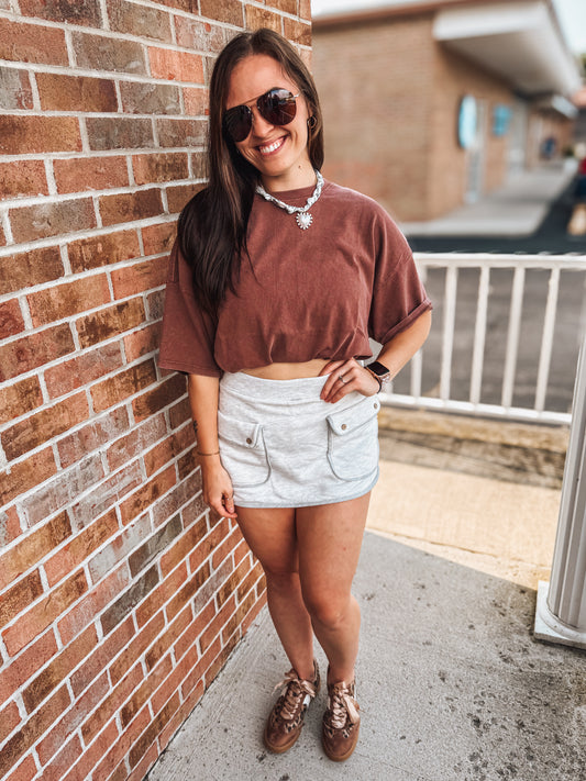 grey mini skort with pocket details