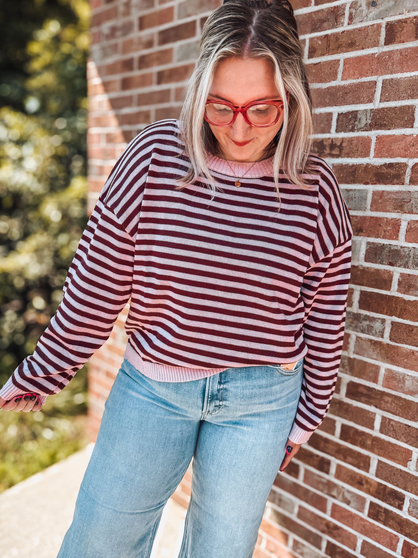 Striped pink & berry button back detailed sweater