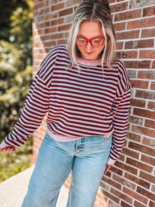 Striped pink & berry button back detailed sweater