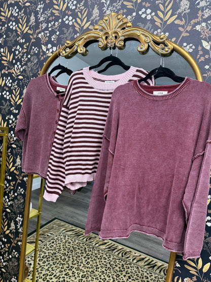 Raw edge washed burgundy knit sweater oversized