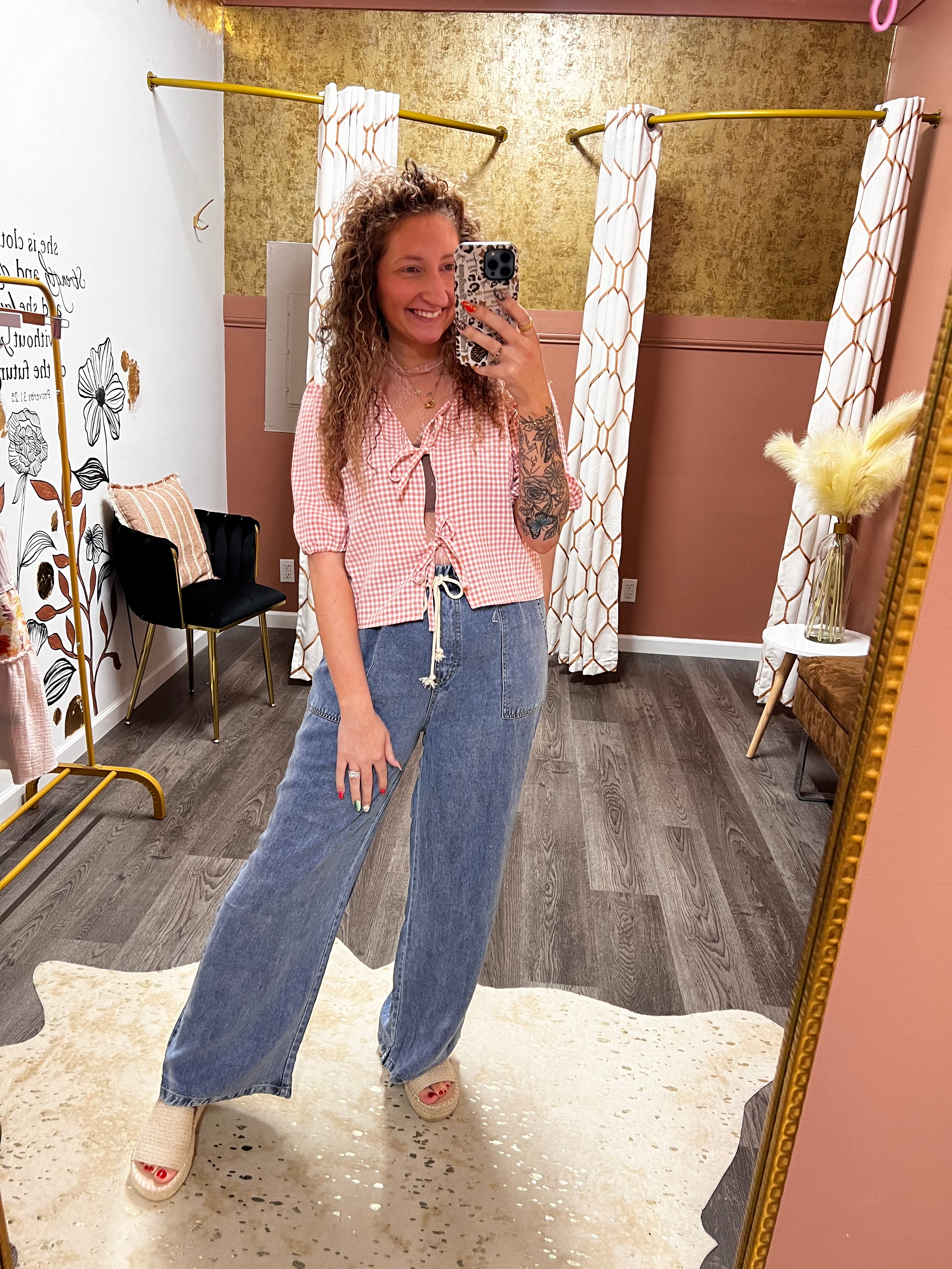 gingham bow tie puff sleeve top in 2 colors