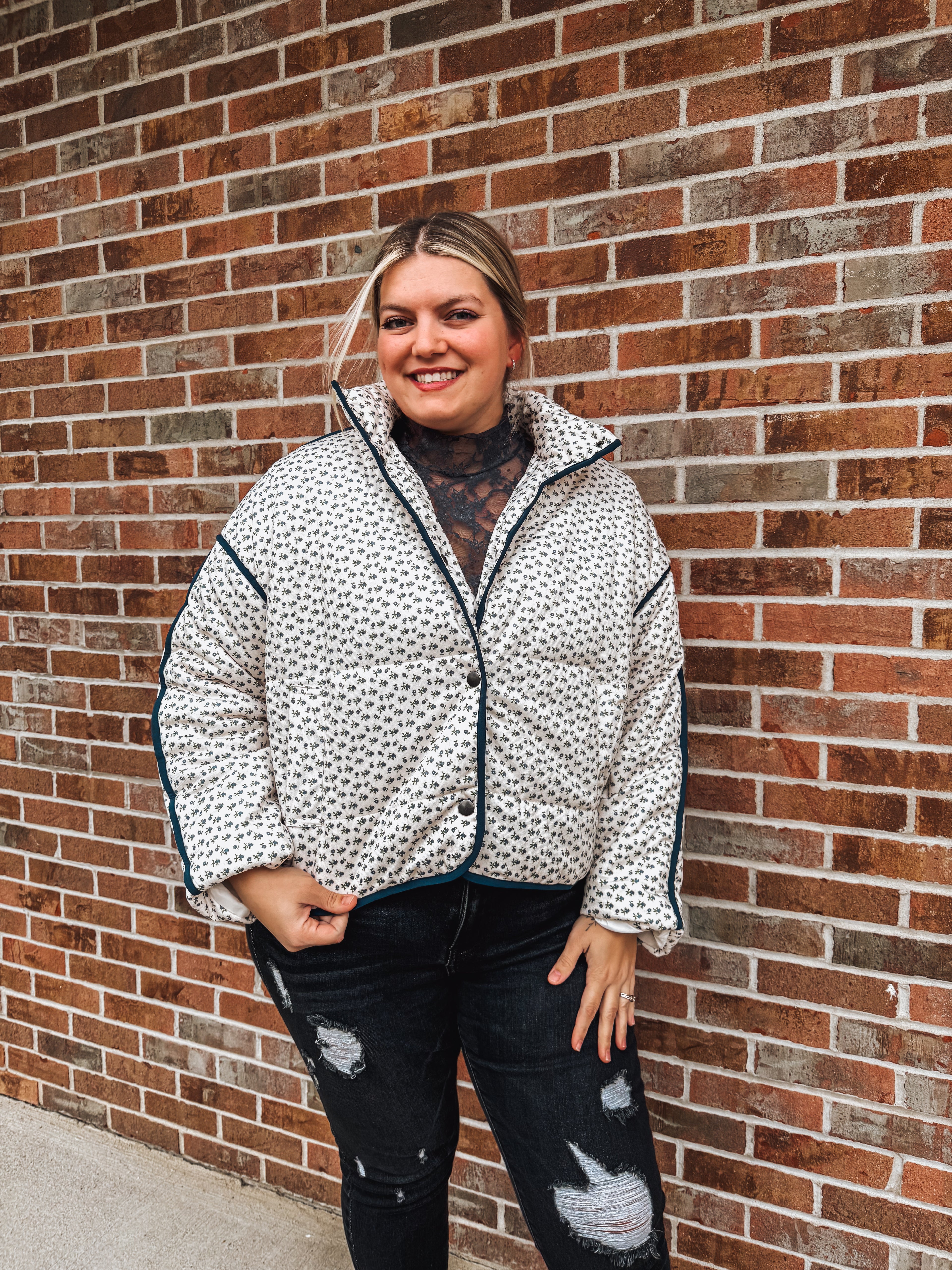 blue and green floral cloud quilted jacket