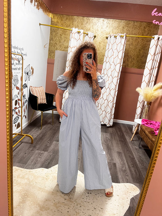 pinstriped grey blue puff sleeve jumpsuit