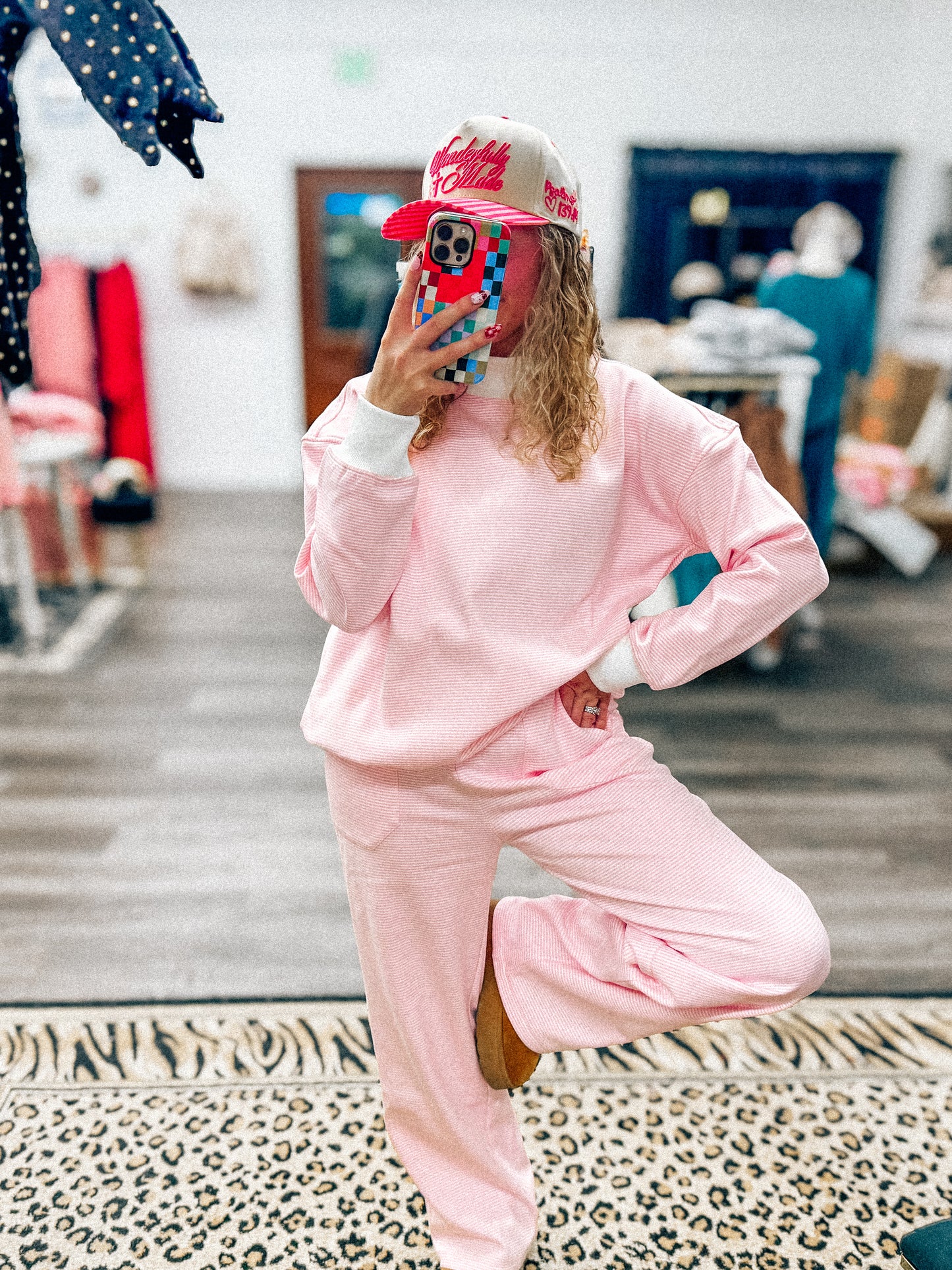 pink striped mock neck set