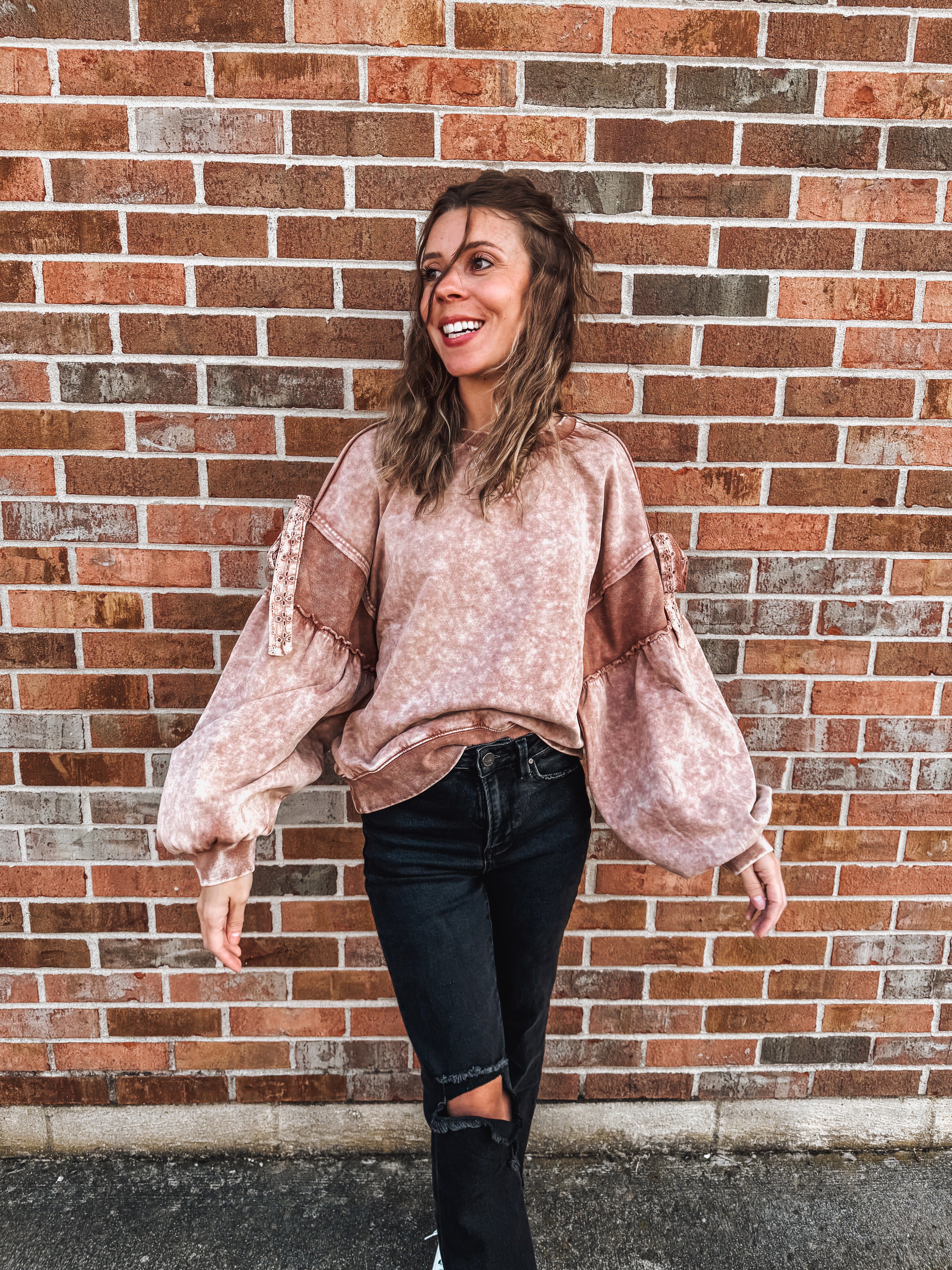 mocha moose bow sleeve pullover top