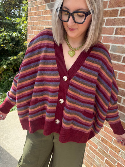Wine multi color stripe oversized cardigan