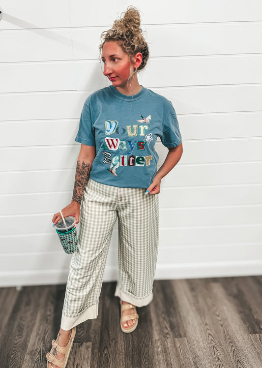 barrel wide leg sage gingham denim pants