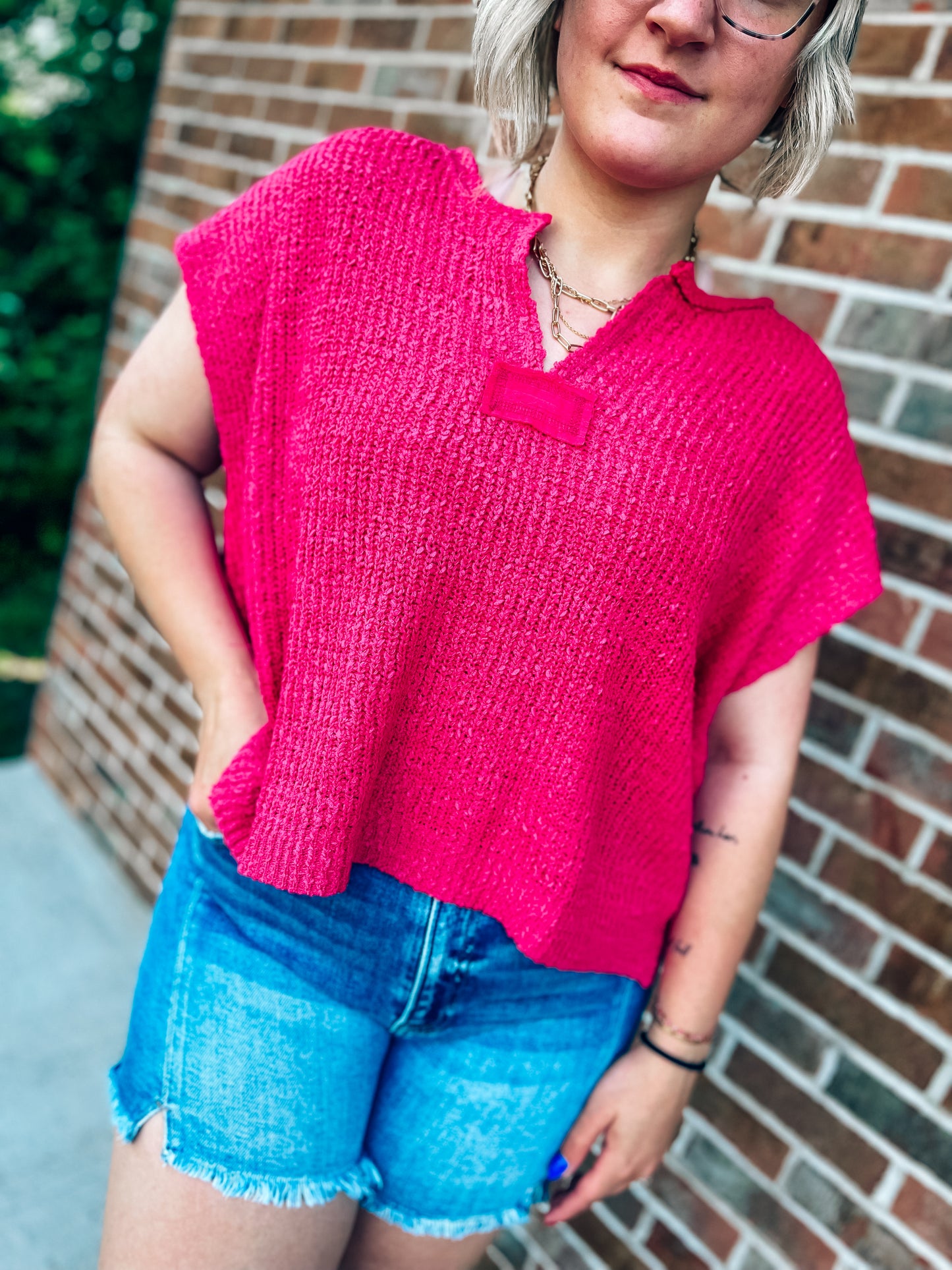 fuschia sweater sleeveless top