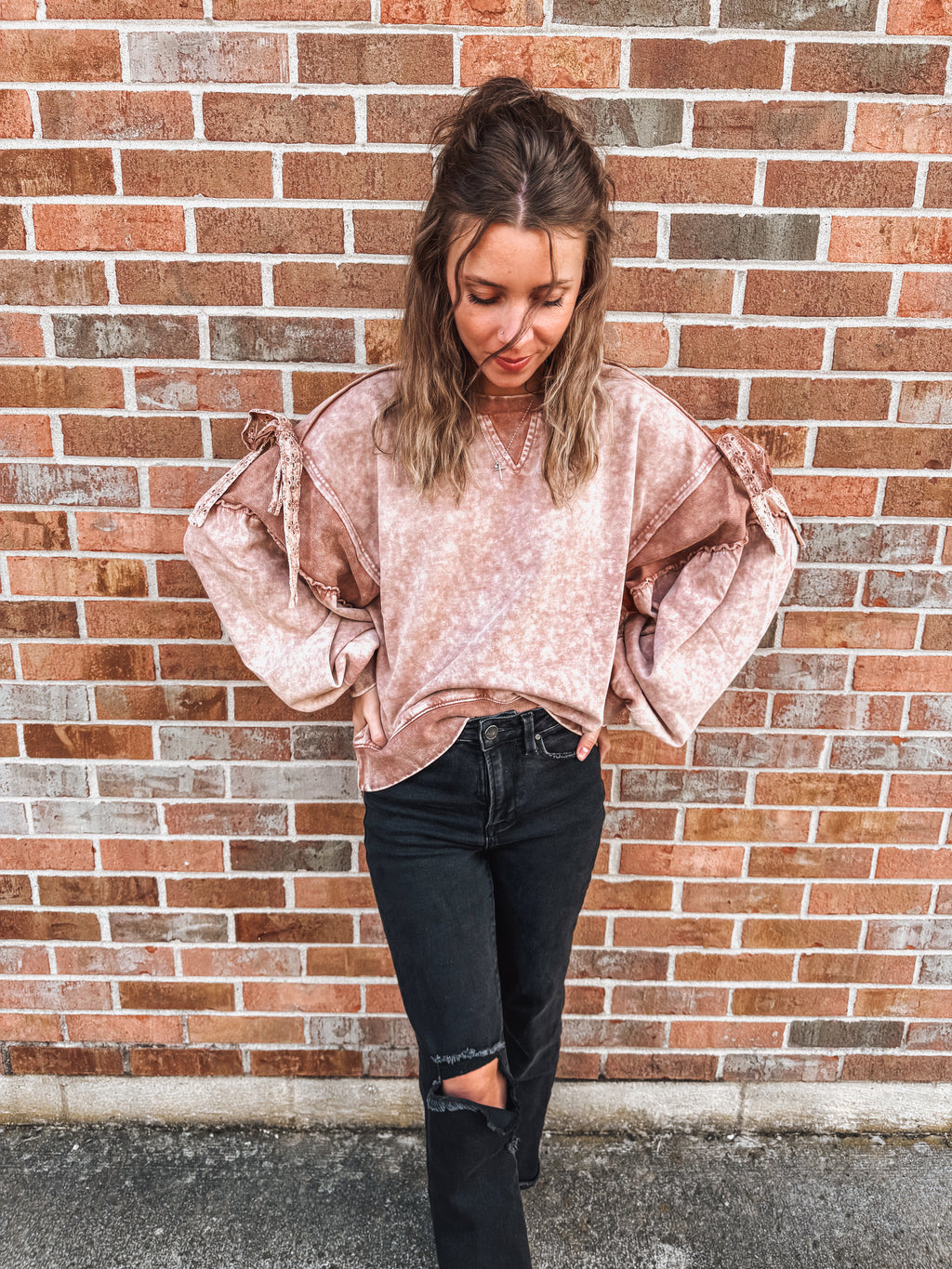 mocha moose bow sleeve pullover top