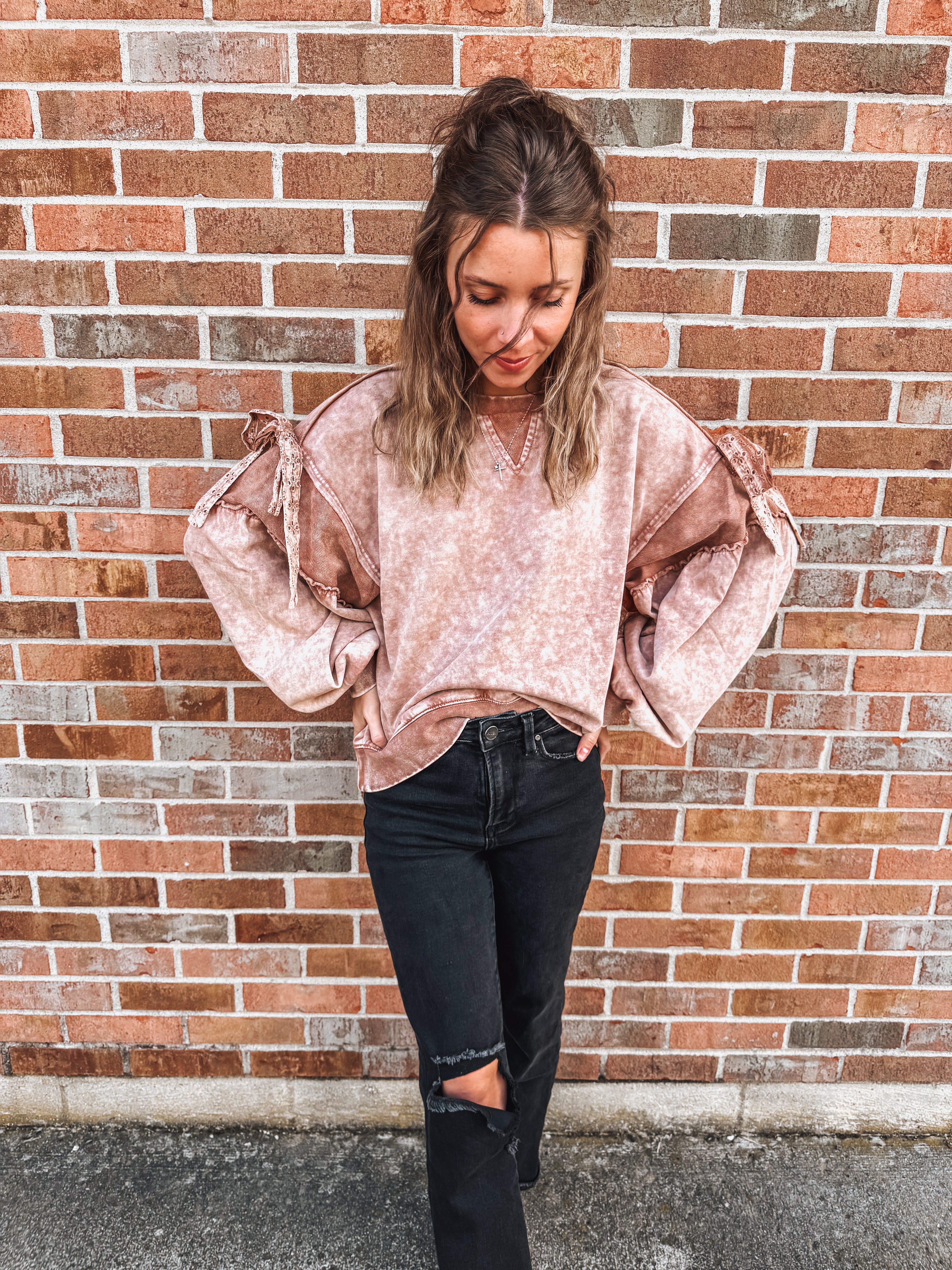 mocha moose bow sleeve pullover top