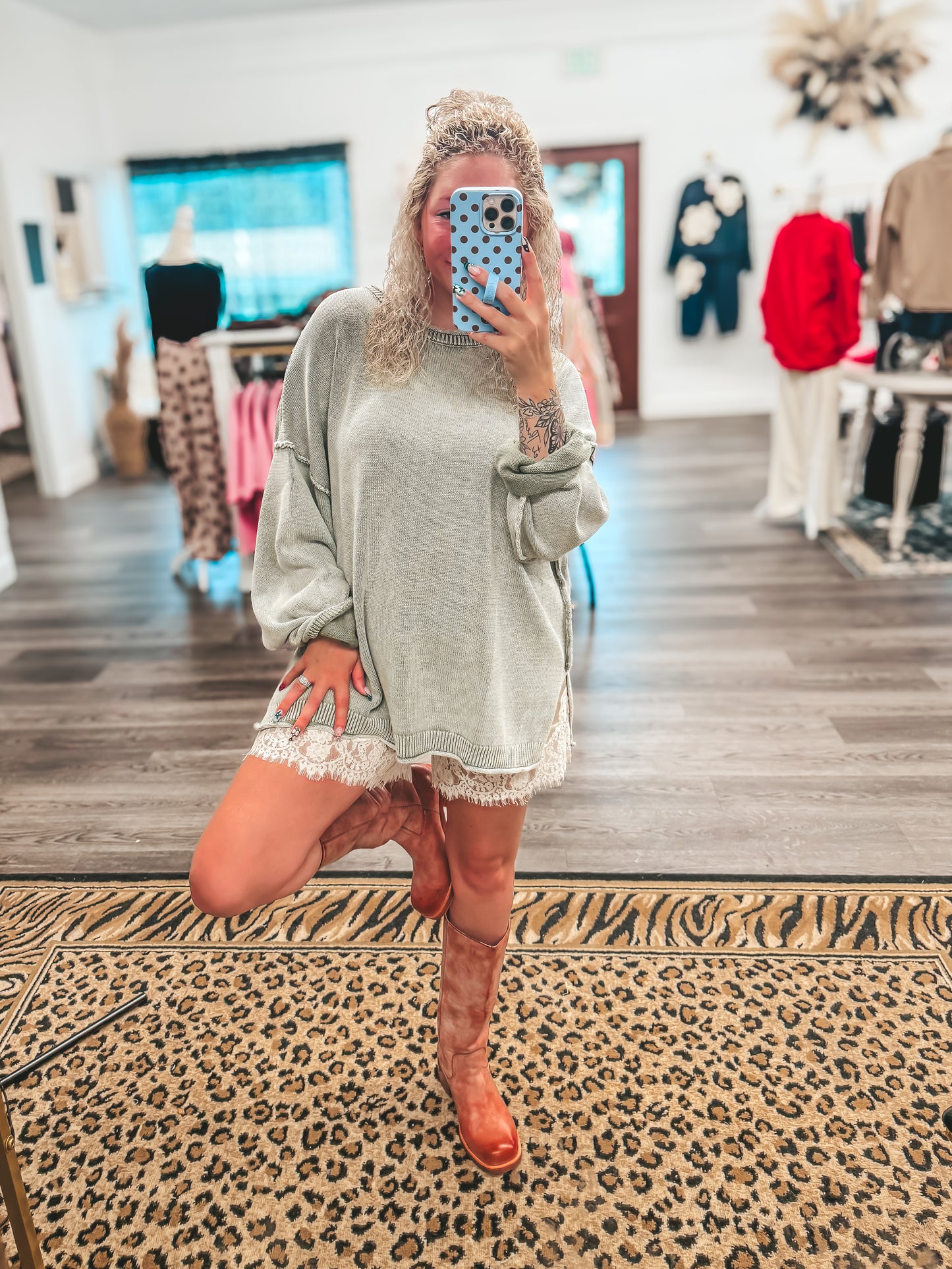 Washed raw edge drop sleeve olive pullover sweater
