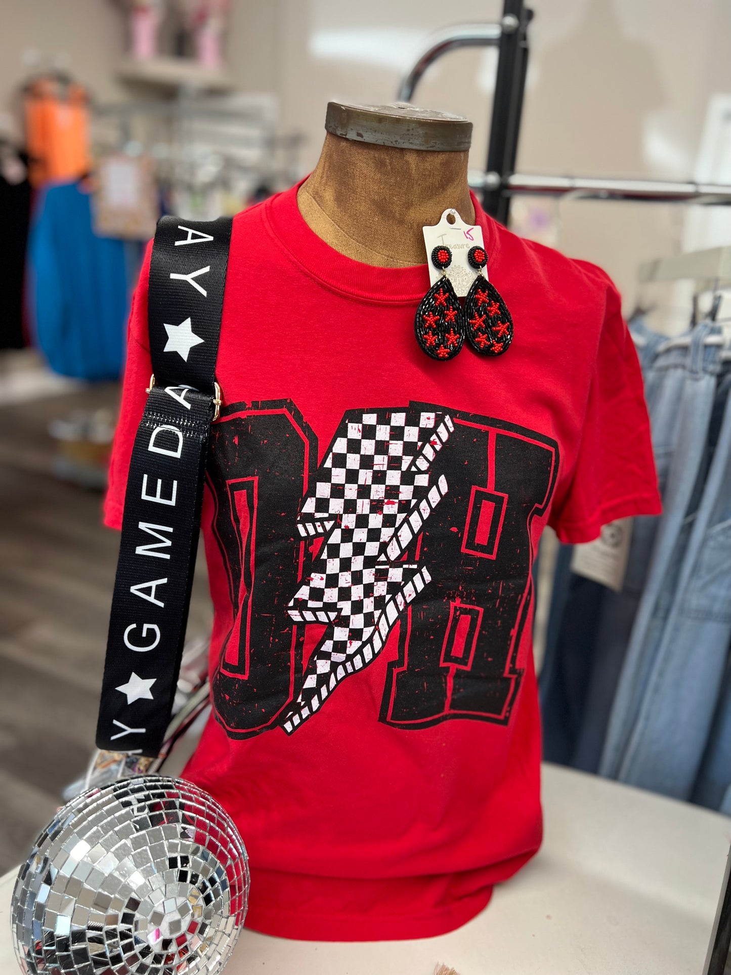 OH red bolt checkered tee