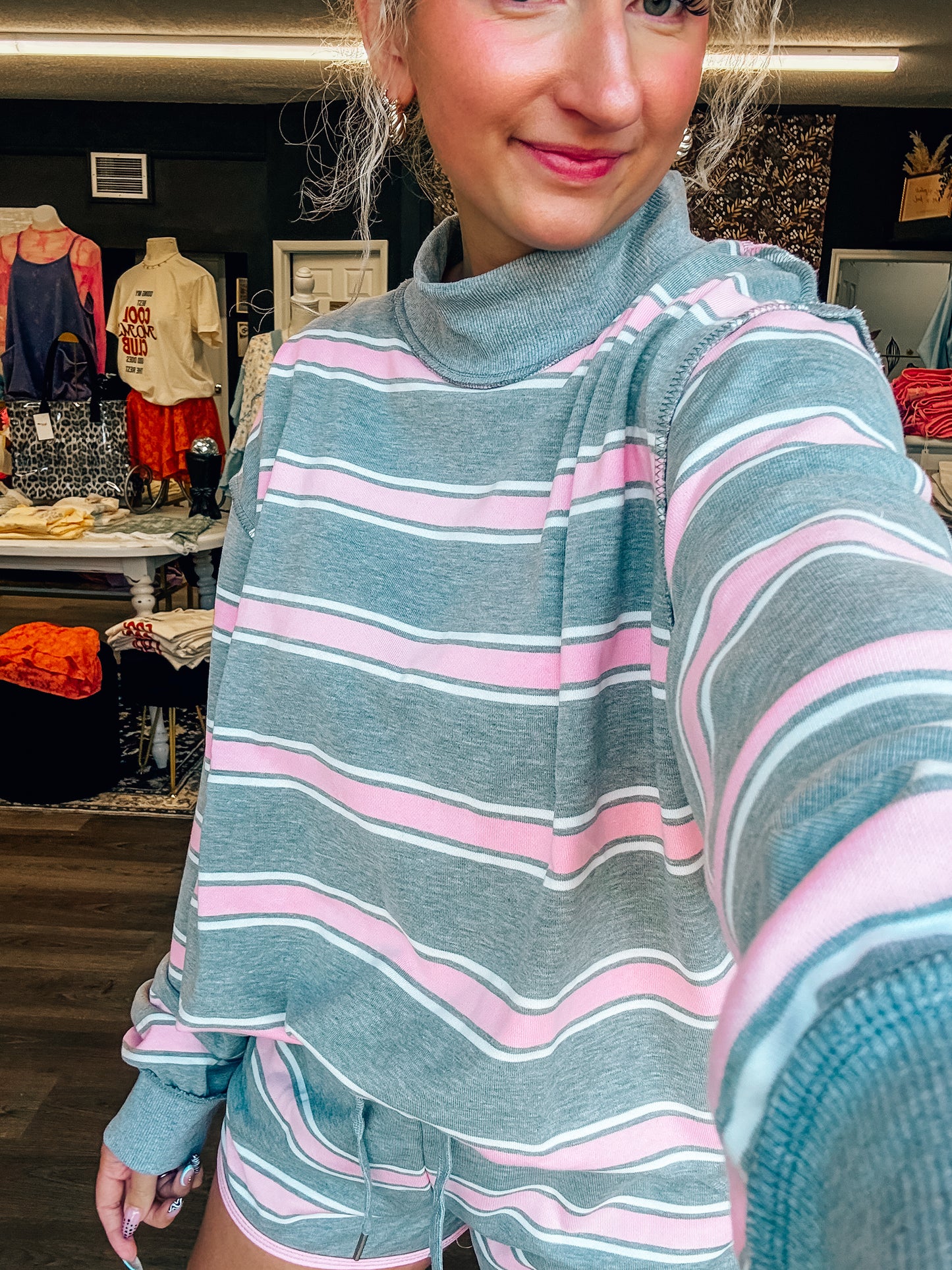 mock neck pink & grey striped short set