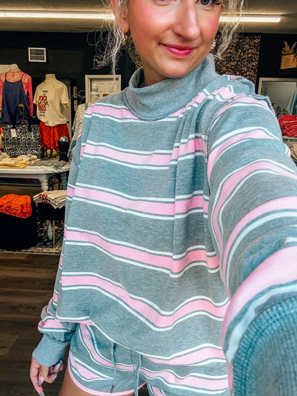 mock neck pink & grey striped short set