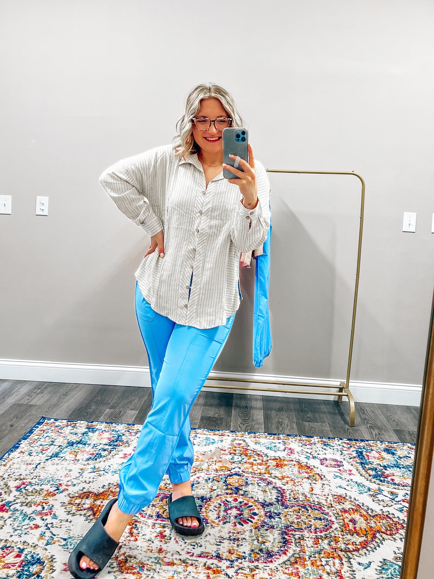 blue smocked waist joggers