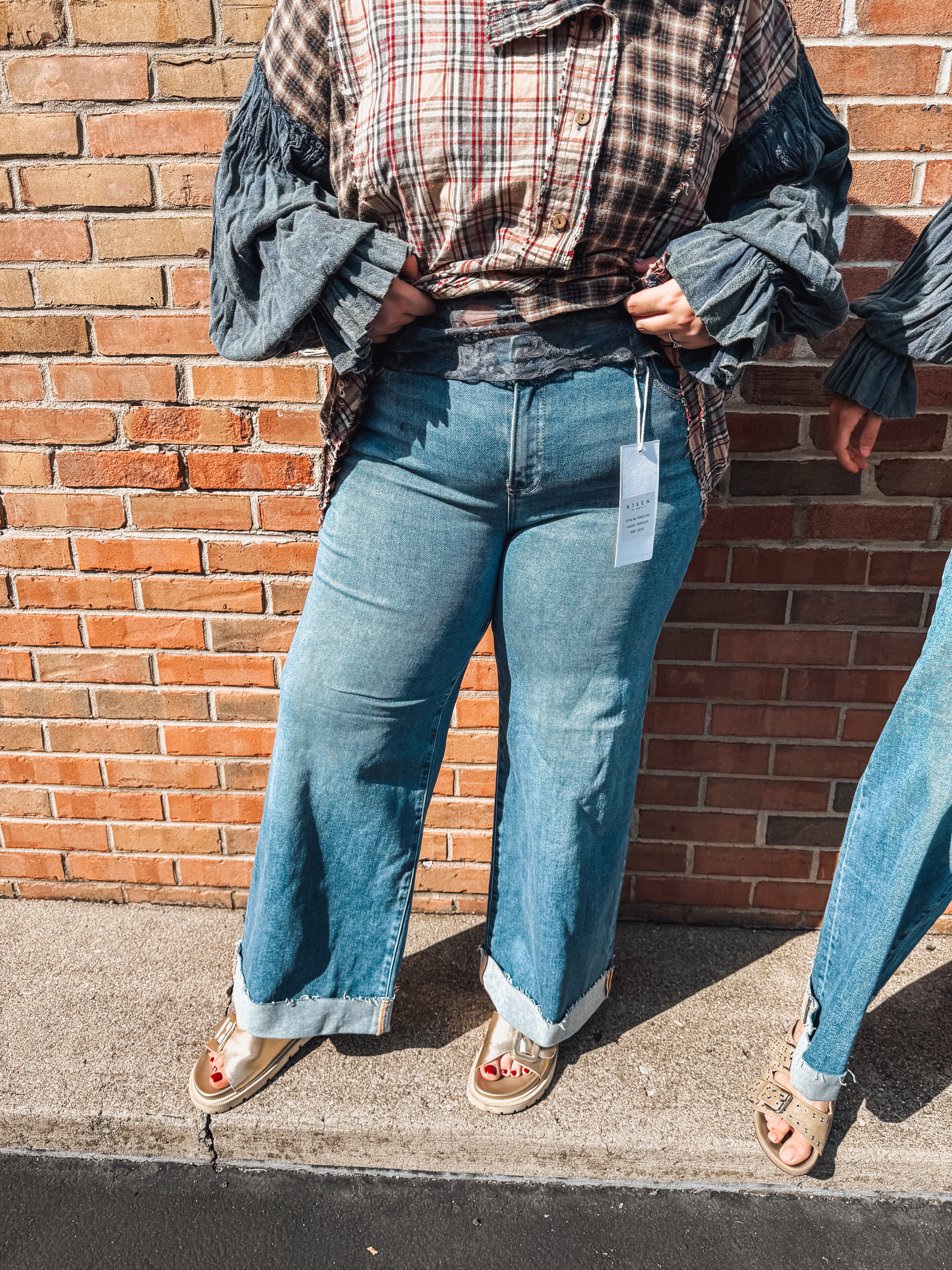 medium wash wide leg cuff jeans