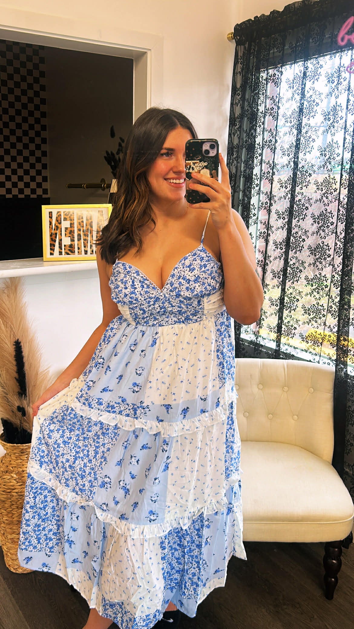 blue floral patchwork dress