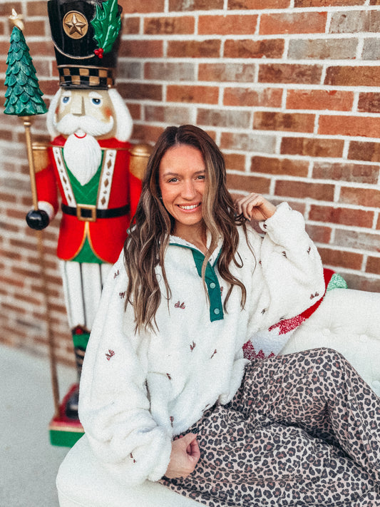 christmas bow embroidered sherpa pullover