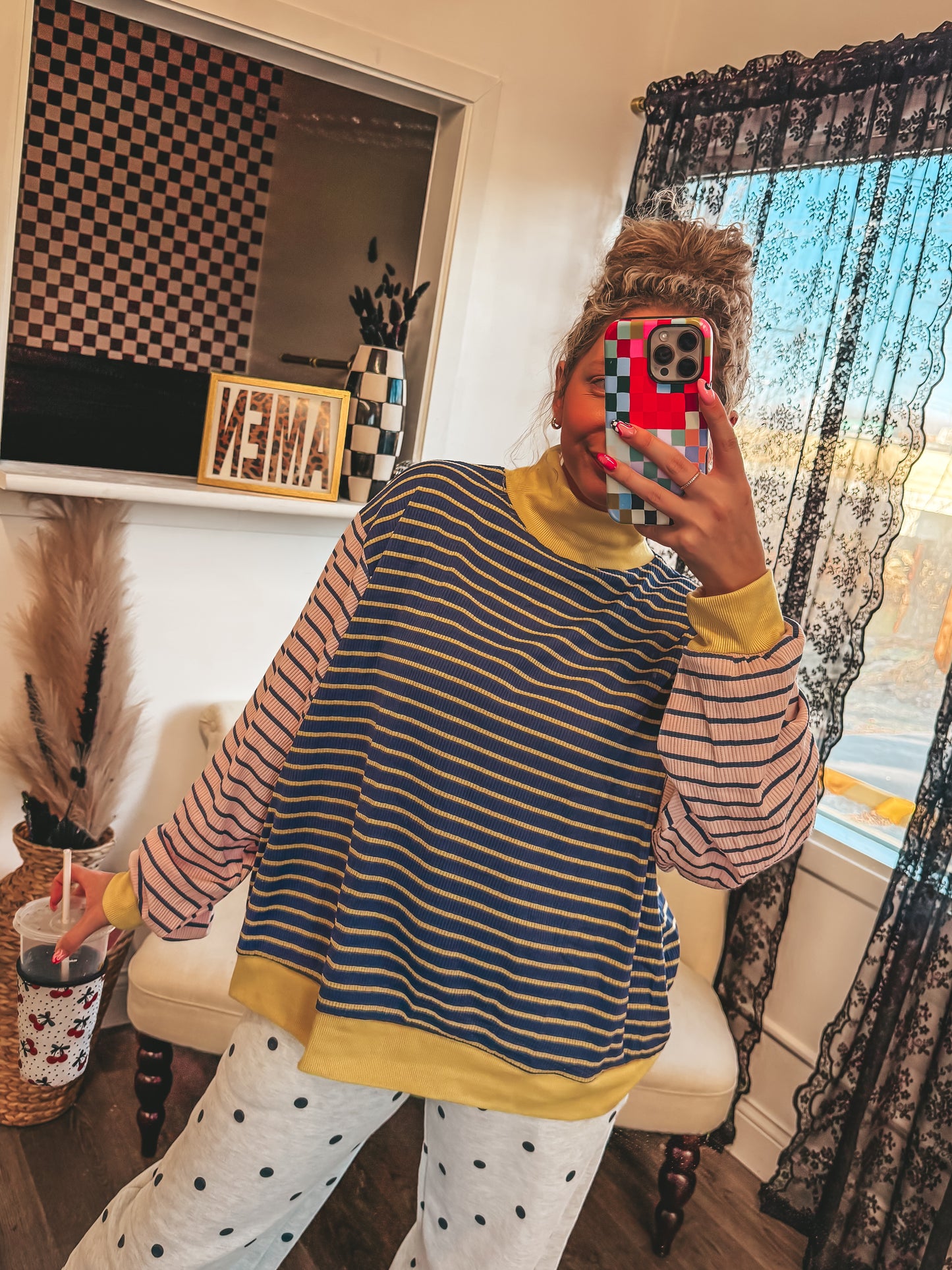striped contrast ribbed navy & yellow mock neck