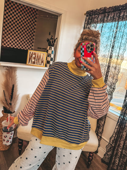 striped contrast ribbed navy & yellow mock neck