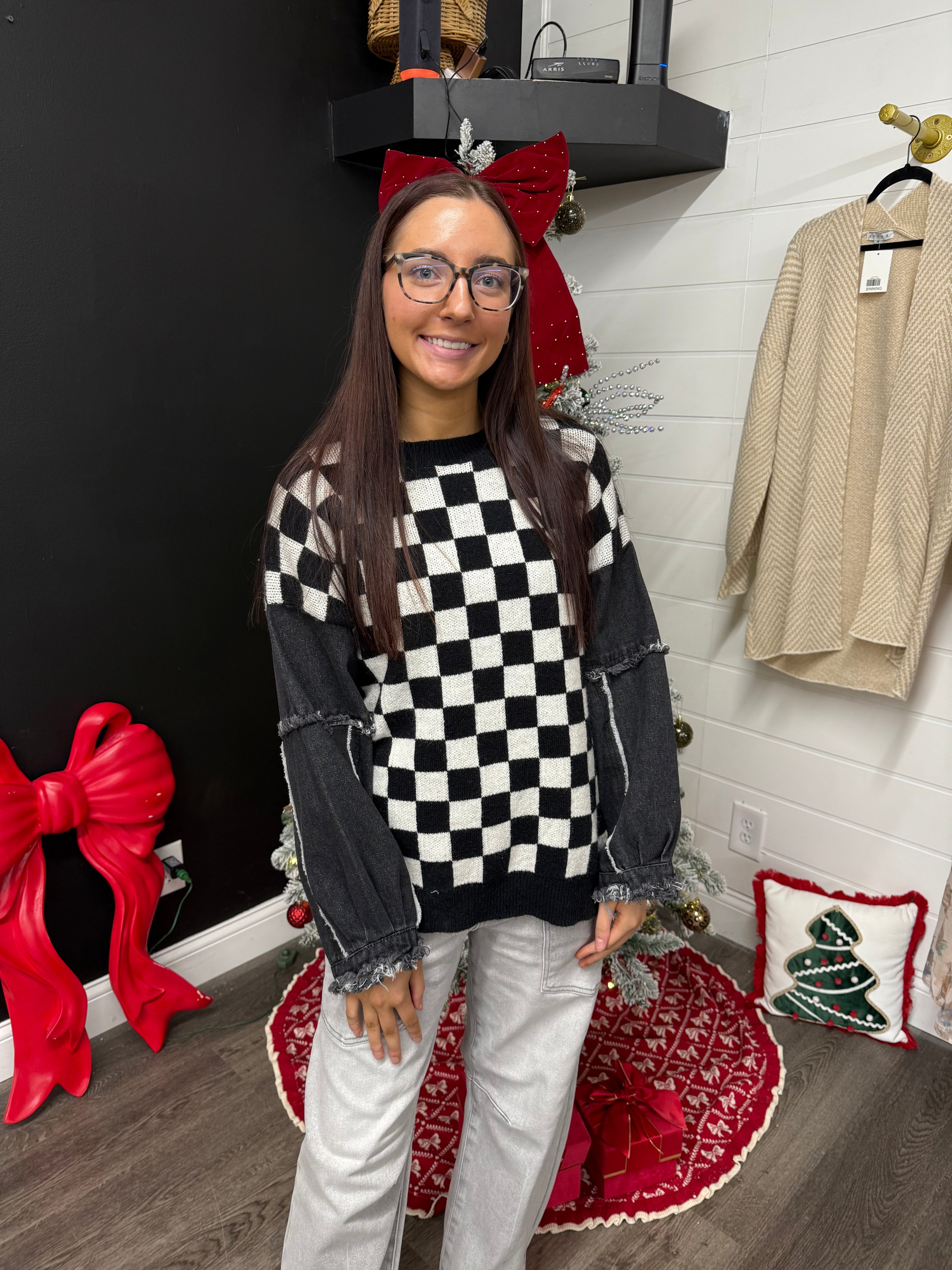 checkered black denim sleeve sweater