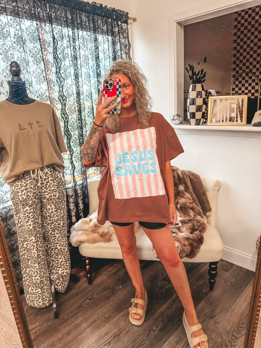 Brown Jesus saves striped oversized graphic
