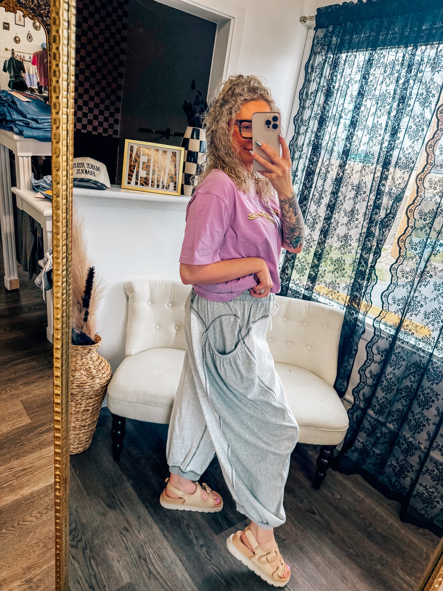 POL grey stitched boho jogger ribbed pants