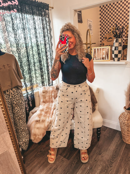 cream and black denim polka dot barrel pants