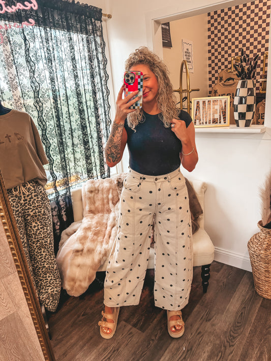 cream and black denim polka dot barrel pants