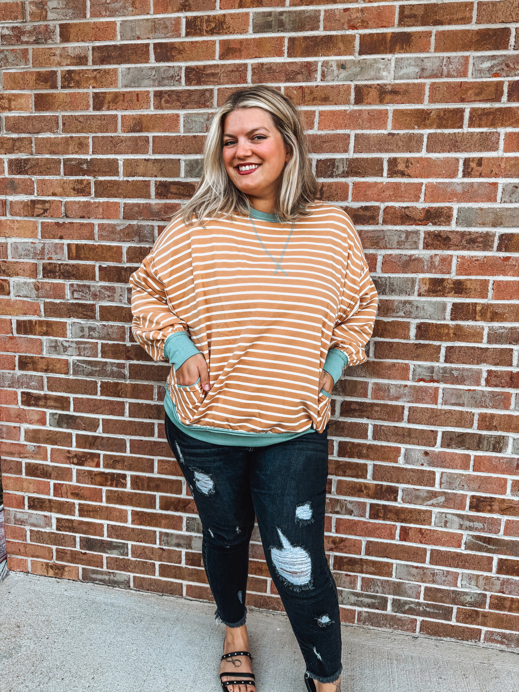 striped caramel oversized pullover with pockets